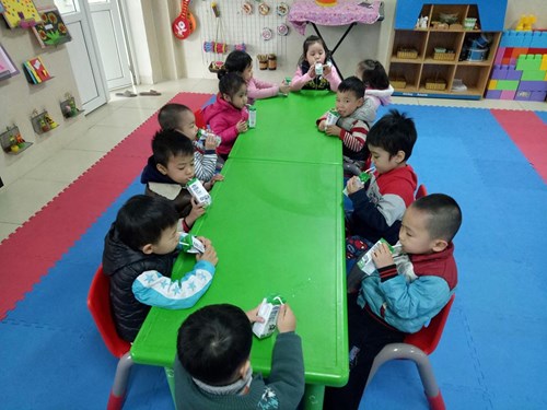 Trường mầm non Bồ Đề tổ chức cho trẻ uống sữa học đường theo kế hoạch của UBND Thành phố Hà Nội